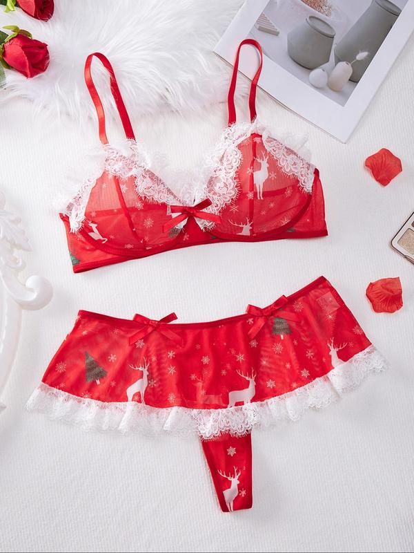 Women's Christmas Themed Pattern Contrast Mesh Sheer Bra & Bow Decor Thong Floral Lace Two-piece Set, Adjustable Strap Lingerie Set, Women's Lingerie & Underwear